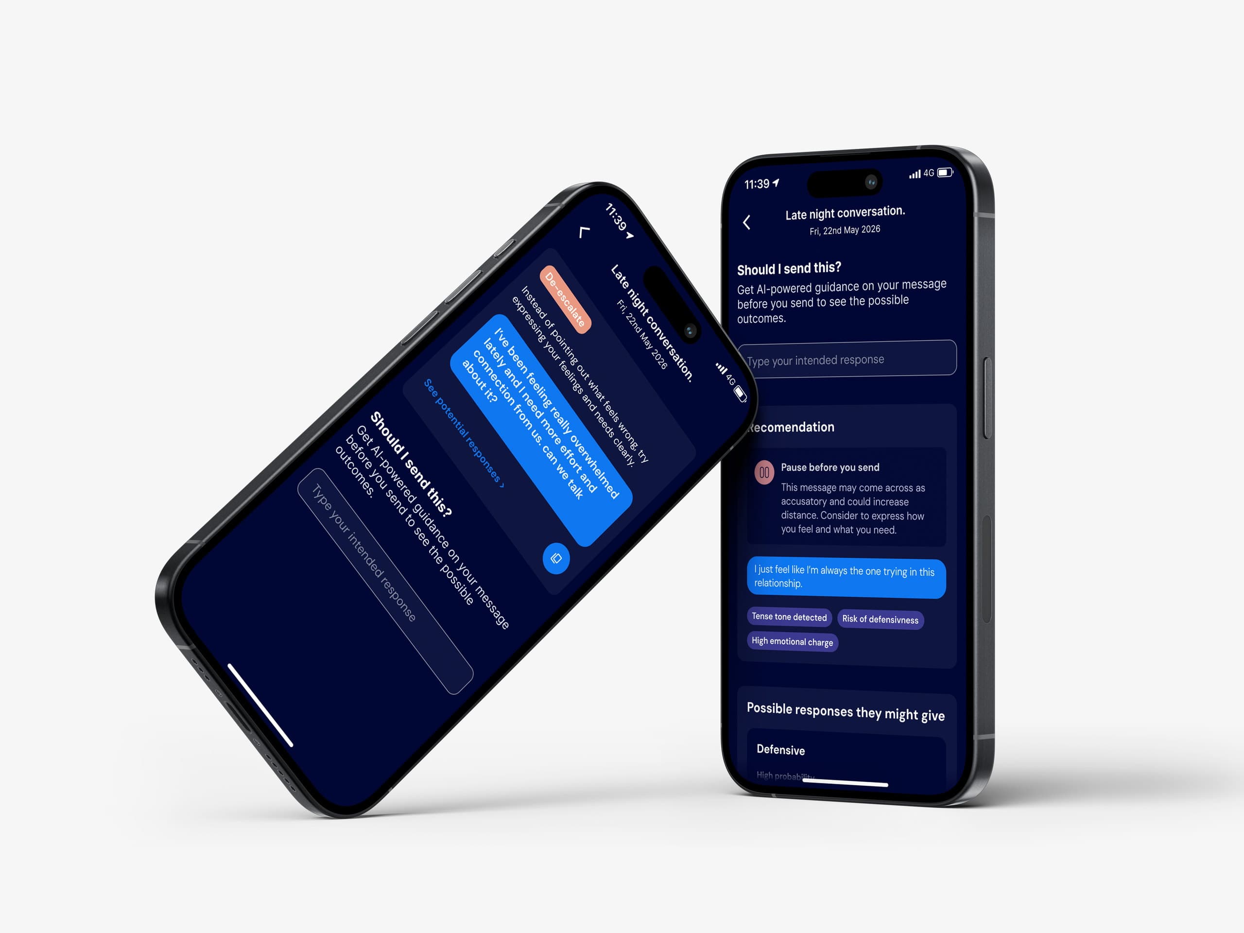 Two phones showing an AI messaging assistant with tone analysis and suggested rewrites
